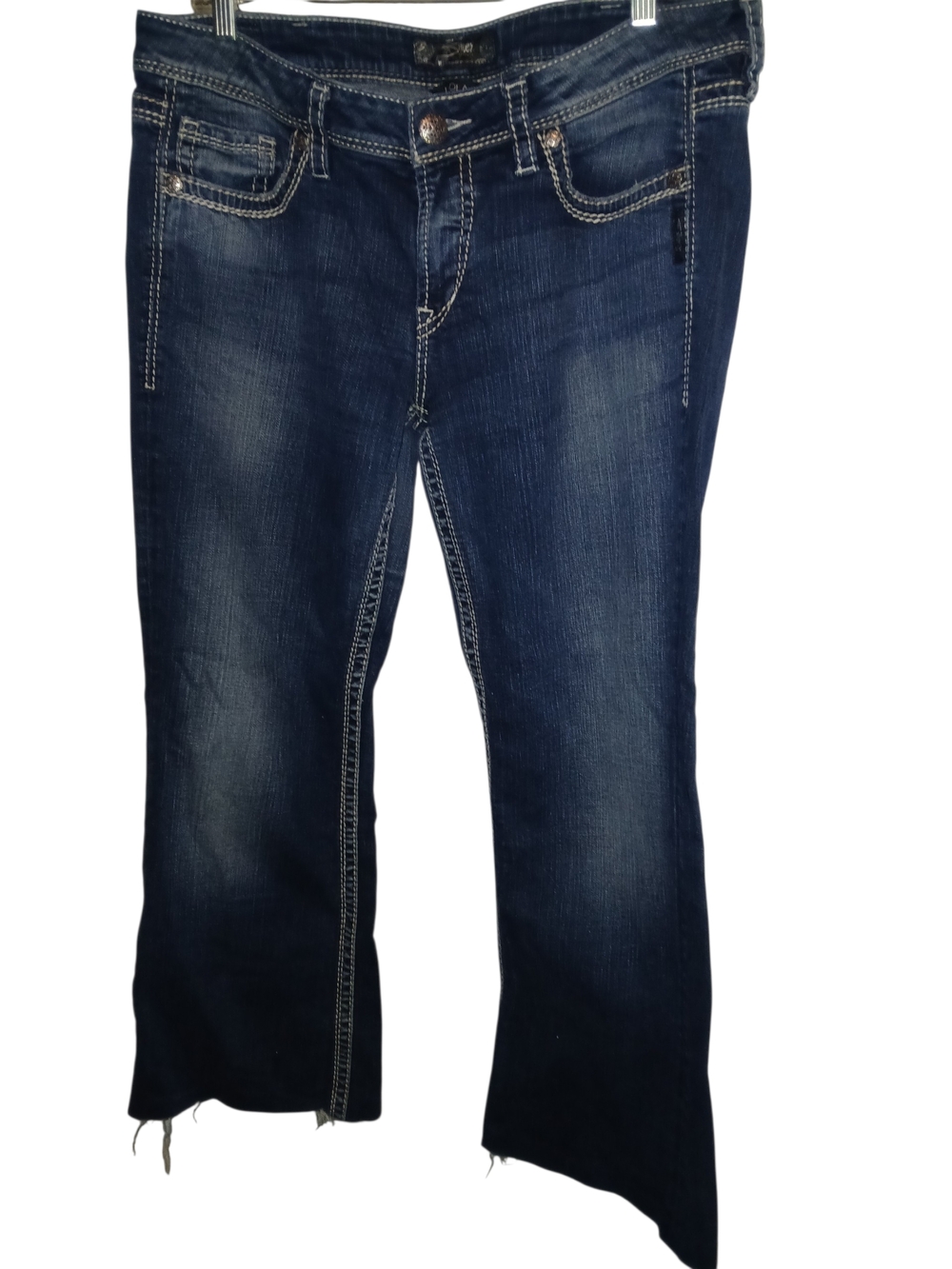 Silver Jeans Lola Indigo Flared Wide-Leg Jeans with White Stitching 34